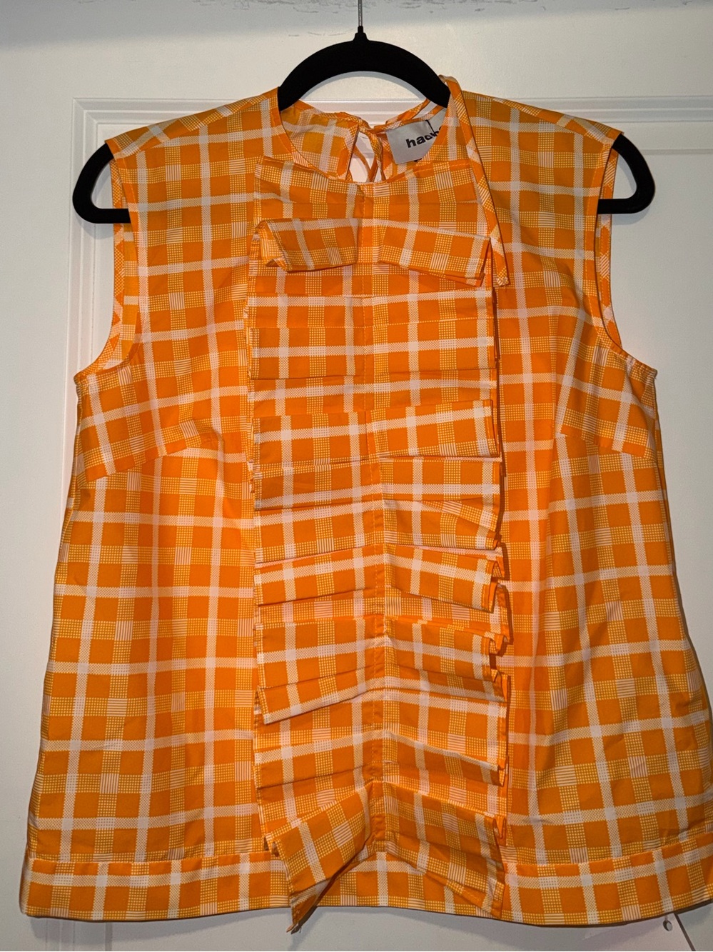 Hale Orange Plaid Ruffle Front Sleeveless Blouse